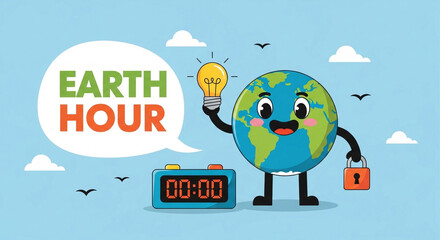 Fototapeta premium Earth Hour cartoon globe with lightbulb and timer