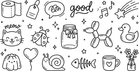 Whimsical hand drawn doodle collection featuring charming cartoon icons like a cute cat with 'meow' text a ladybug a toilet paper roll a gift tag a jar with a bow a balloon animal © Meizan 