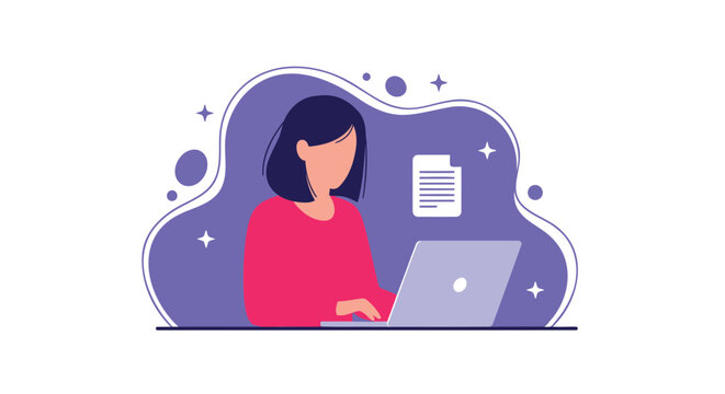 Vector illustration of woman working on laptop with document