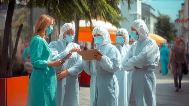 Medical professionals in protective suits discuss health protocols on a busy city street
