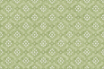 Pale green floral pattern with repeating quatrefoil and blossom motifs © Lolita