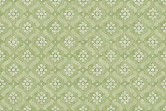 Pale green floral pattern with repeating quatrefoil and blossom motifs