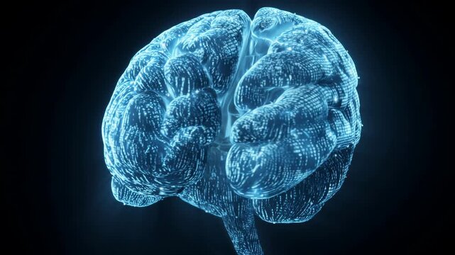 Digital brain made of binary code with glowing connections on a dark background