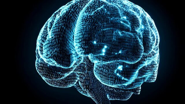 Abstract digital brain made of binary code glowing with blue light on a dark background