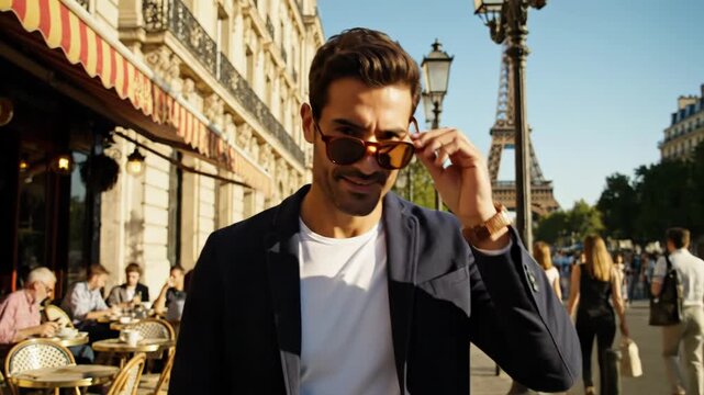 Young man exploring Paris with Eiffel Tower in background