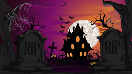 Spooky Halloween night illustration with haunted house graveyard tombstones full moon bats and twisted trees Horror cartoon landscape background for Halloween party poster greeting card banner or holi © Владимир Беличенко