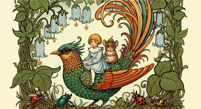 Vintage Art Nouveau Style Illustration of a Young Girl and Mouse Riding a Mythical Bird Through a Lush Forest with Bluebell Flowers and Insects