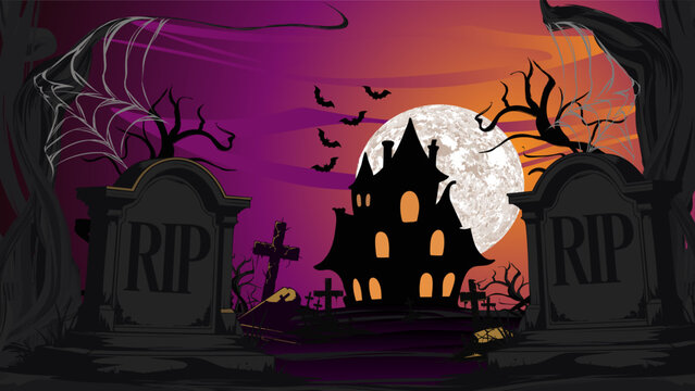 Spooky Halloween night illustration with haunted house graveyard tombstones full moon bats and twisted trees Horror cartoon landscape background for Halloween party poster greeting card banner or holi