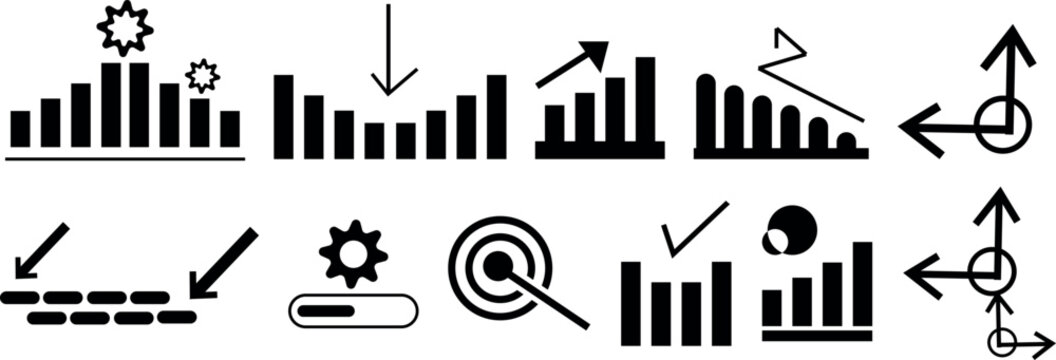 A comprehensive vector graphic illustration showcasing black and white icons for business data, financial metrics, progress, targets, and diverse directional trends in analytics.