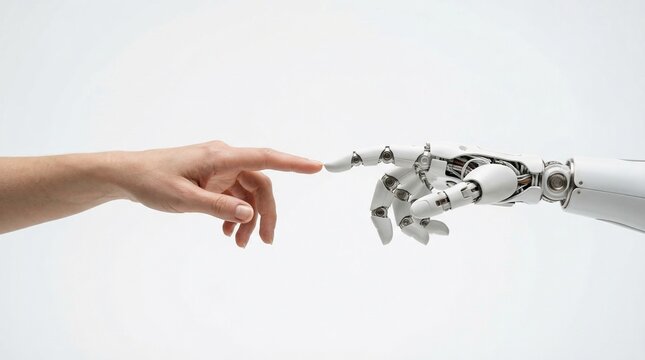 "Human hand and robot hand touching fingertips on white background, AI collaboration concept"