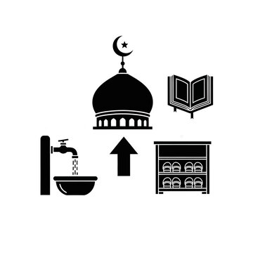 Mosque architecture illustration with crescent moon and book nearby