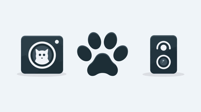 Vector icons for pet technology featuring a smart camera with a cat, an animal paw print, and a modern smart home device.