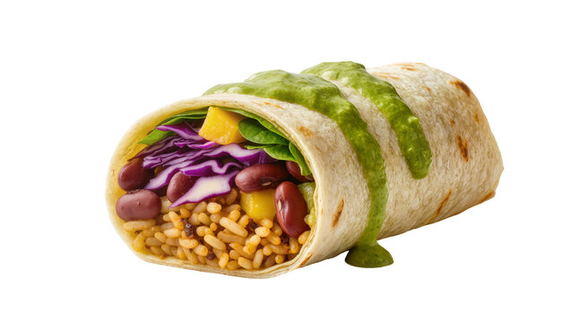 Delicious vegan burrito with vibrant red beans, purple cabbage, rice, and green sauce, isolated PNG on transparent background, healthy Mexican food concept