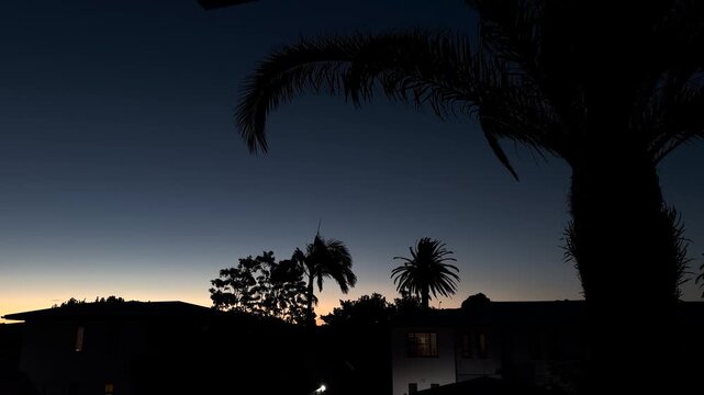Beautiful sunset view from a resort balcony with silhouetted palm trees and warm orange and purple sky, creating a tranquil tropical evening atmosphere in New Zealand.