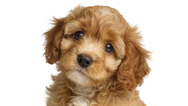 Adorable fluffy light brown Cavapoo puppy, with a charming head tilt and expressive eyes, isolated PNG on transparent background for pet designs