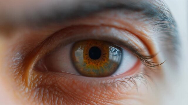 A close-up of a human eye with detailed iris and wrinkles