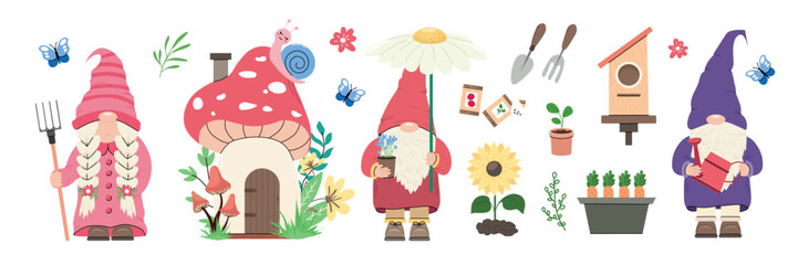 Fototapeta premium Cute garden gnome set with mushroom house plants tools and animals vector