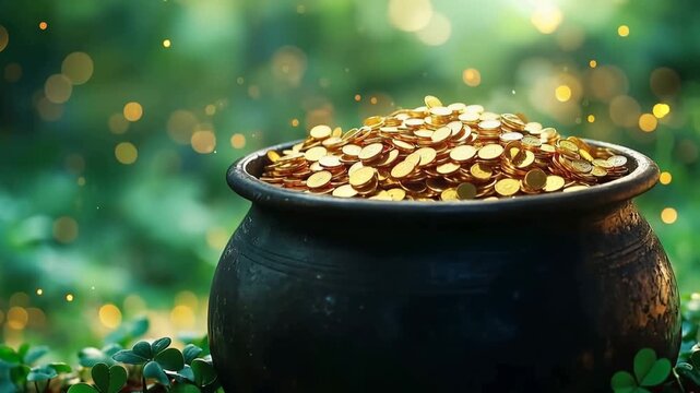 Green background with four-leaf clovers and pot full of golden coins. St. Patrick's banner with Irish shamrocks and copy space. Celebrating St. Patrick's Day in Ireland. Generative AI.