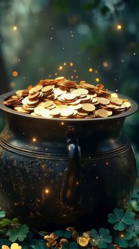 Green background with four-leaf clovers and pot full of golden coins. St. Patrick's banner with Irish shamrocks and copy space. Celebrating St. Patrick's Day in Ireland. Generative AI.