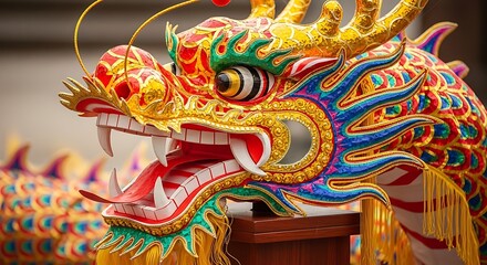 Naklejka premium A vibrant and ornate chinese dragon head used in traditional cultural parades and celebrations illustration