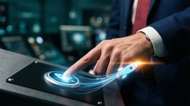 Businessman initiates project launch with futuristic rocket activation button in control room