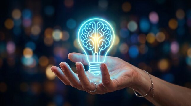 Illuminated Brain Lightbulb Held in Hand Against a Bokeh Background Symbolizing Innovation and Ideas