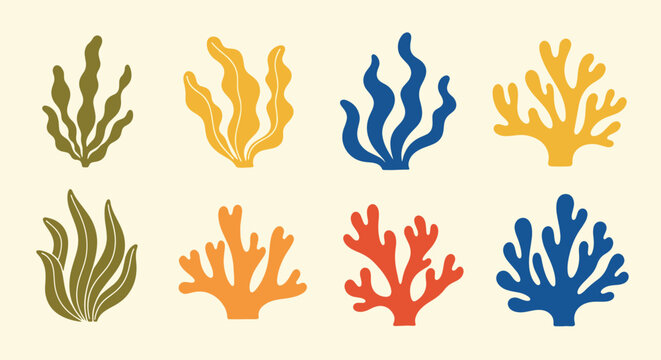 Colorful coral reef shapes in various blues greens oranges and yellows for marine designs