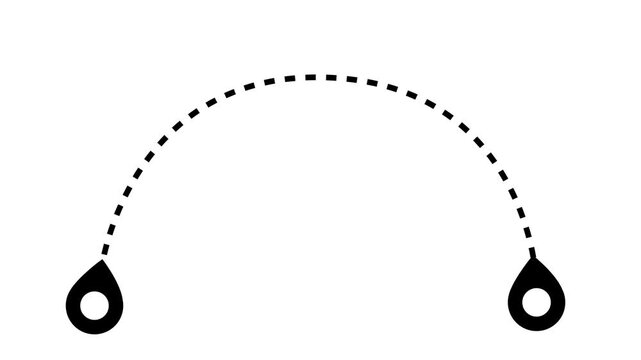 4k Map location tracking animation, black dotted line travel path on white background, seamless loop route motion graphics for vacation videos, navigation and wayfinding display elements.