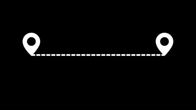 Minimalist map route animation in 4k, white dotted line path on black background, seamless loop motion graphics for travel stories, location tracking and destination points for video editing.