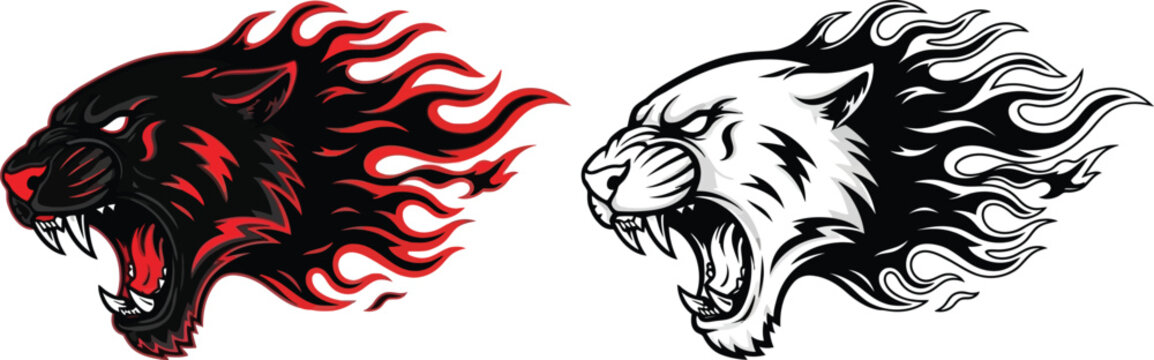 Two stylized roaring panther or tiger heads with fiery manes, one in black and red, the other in black and white, depicting strength and aggression.