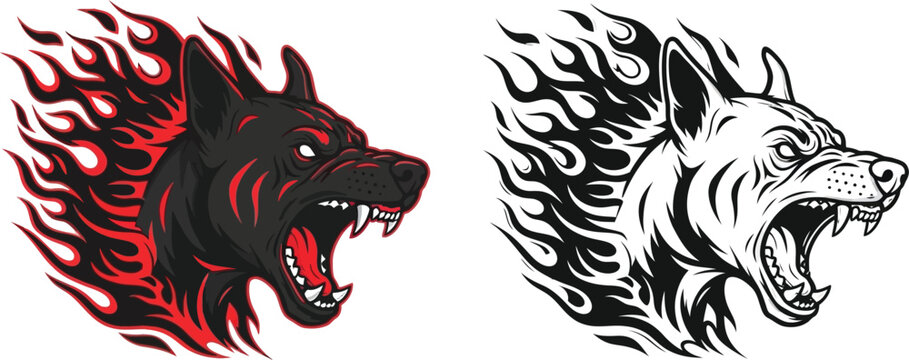 Fierce black dog head with red flames vector illustration, aggressive canine with open mouth and sharp teeth, powerful animal design in dynamic style.