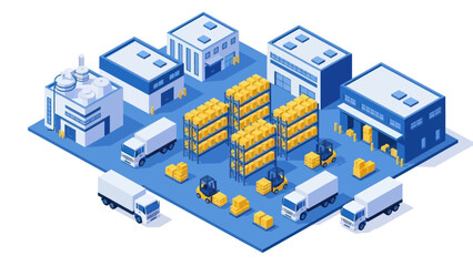 Obraz premium Isometric Warehouse Logistics and Distribution Center with Trucks and Forklifts.