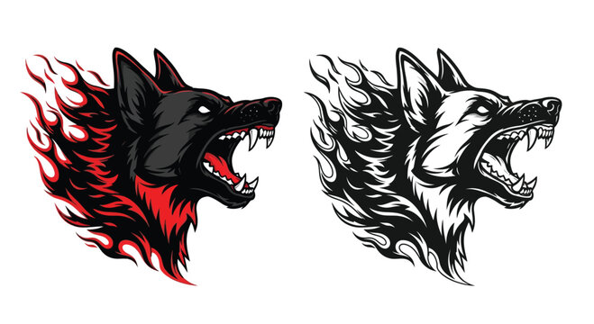 Two aggressive snarling wolf or dog heads with fiery manes, one in vibrant red and black, the other in monochrome, depicting power and intensity.