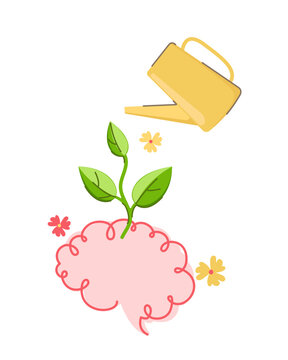 Taking care of the brain. Leika waters the sprout and flowers in the brain.