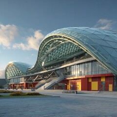 Obraz premium Futuristic glass and steel soccer and football stadium exterior with modern architectural design. AI generated image