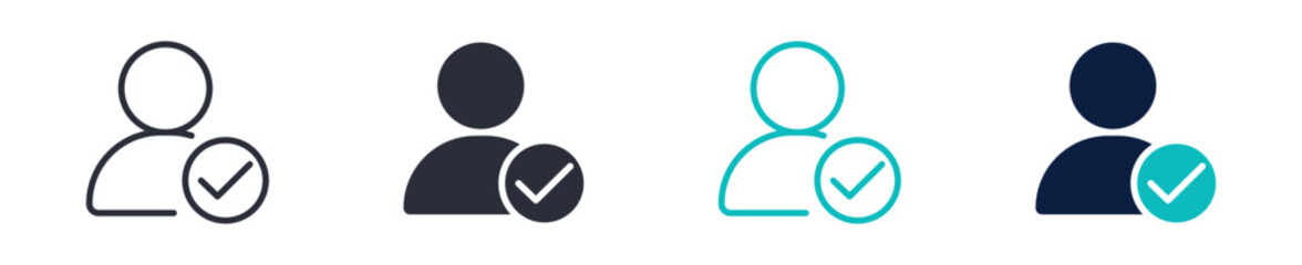 Verified user icons, person with check mark symbol, account verification and approval icon in line and silhouette style, vector illustration © Masuda Akthar