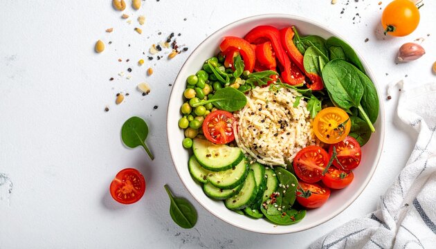 Healthy and vibrant vegan Buddha bowl featuring a medley of fresh vegetables, grains, and nuts, offering a nutritious and balanced meal option from a top-down perspective