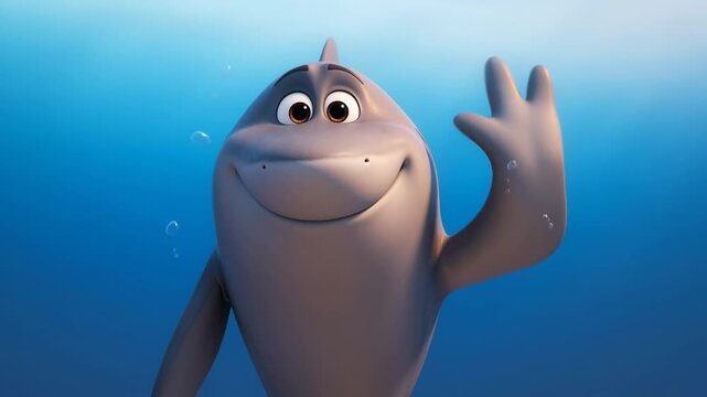 Animated shark waving hello underwater with bubbles cartoon character friendly greeting open water scene