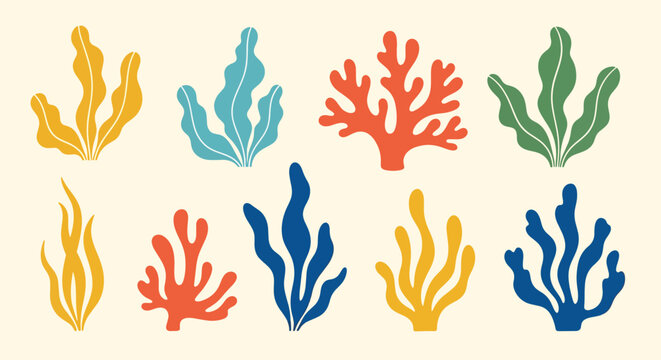 Vibrant coral reef shapes in various colors on cream surface