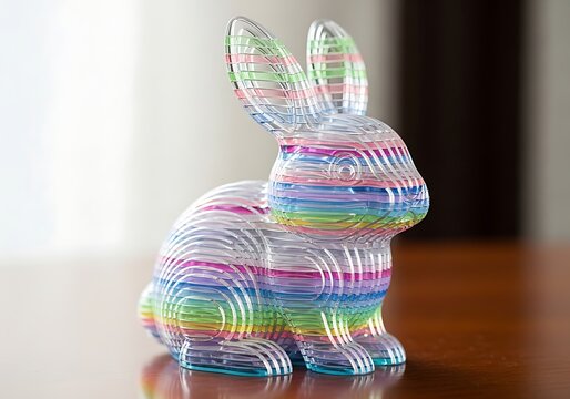 Colorful 3d printed rainbow bunny sculpture on reflective surface