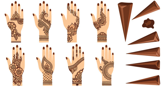 Henna designs on hands with henna cones for application