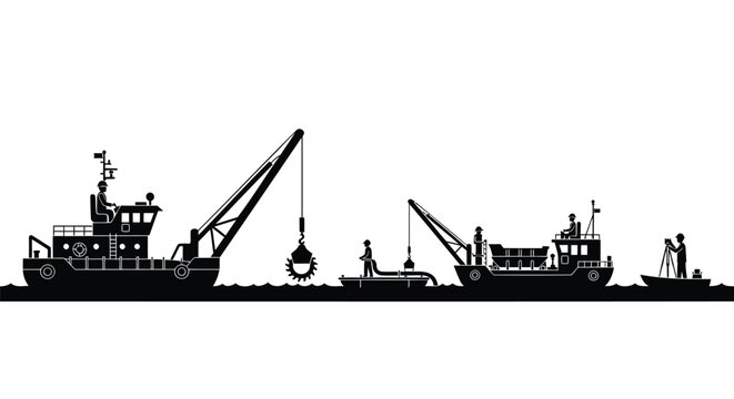 Set of 3 industrial tugboats with crane vector silhouette