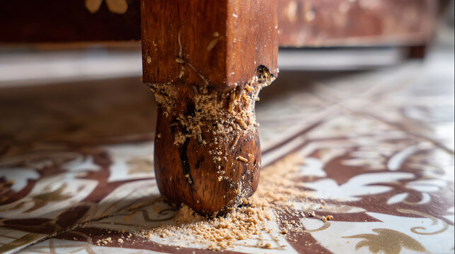 Close-up detail of furniture damage from wood borers, showing sawdust remnants on a patterned floor, highlighting pest infestation issues
