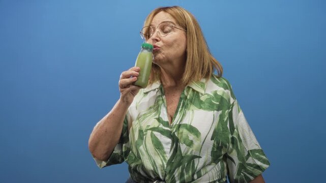 Woman holding green juice bottle lifts it to lips and kisses the cap, visible hand and lips, wearing leaf pattern shirt photographed in studio; playful wellness.
