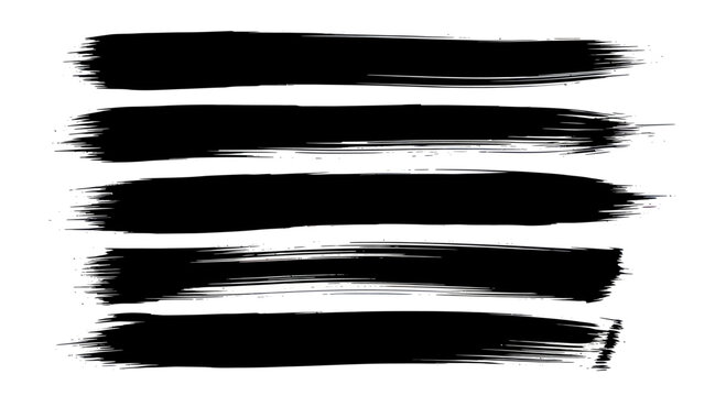 Set of Five Black Brush Strokes on White Background.