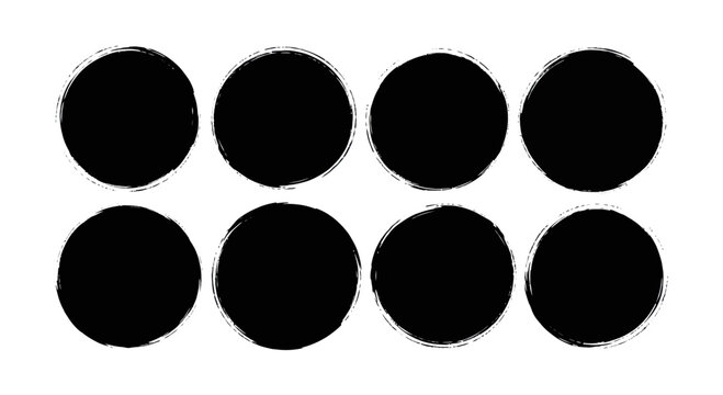 Set of eight black hand-drawn grunge circles with rough edges.