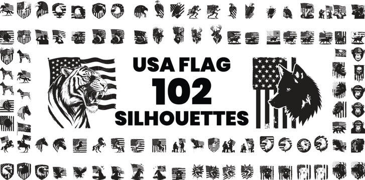 USA flag 102 silhouettes in one picture animals soldiers symbols patriotic vector bundle eagle deer horse military vintage design collection set
