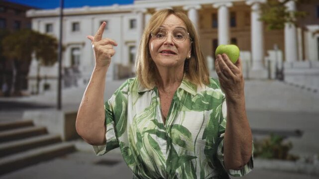 Woman middle age senior holding green apple and pointing finger while smiling and wearing glasses and green patterned blouse in building; health advice confidence.