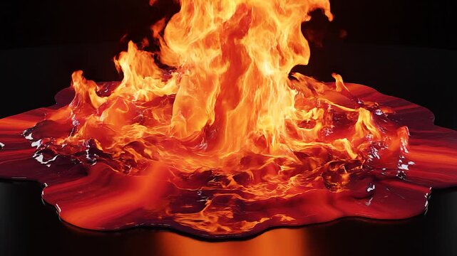 Molten lava splashing on dark surface in studio