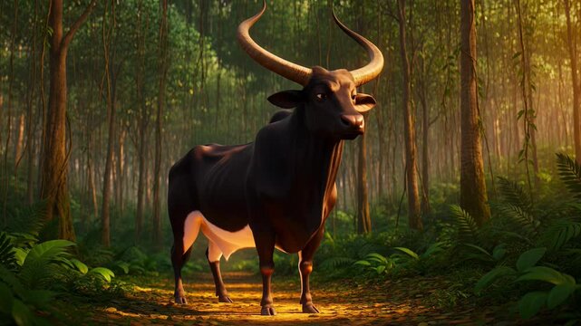 Gaur bull standing tall majestic bovine in lush green tropical forest jungle environment,animal wildlife